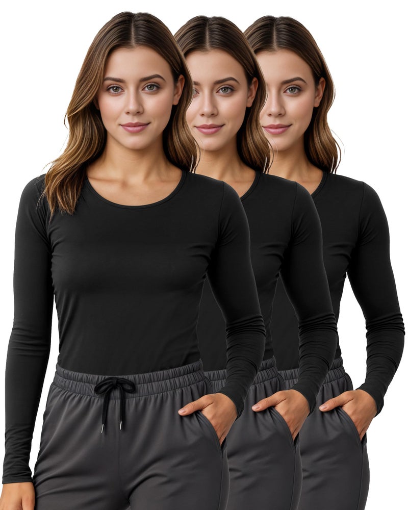NY Threads 3 Pack Nurse Underscrub Long Sleeve Women Slim fit Under Scrub Shirt, Small, Black/Black/Black - Image 1