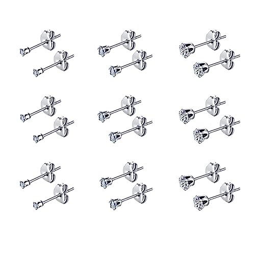 FOSIR Stud Earrings for Women, Stainless Steel 9 Pairs Cubic Zirconia Earrings Studs for Women, Hypoallergenic Earrings Set, 2mm 3mm 4mm - Image 1