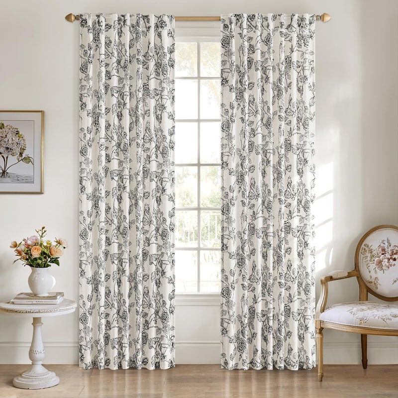 ANRODUO Vintage Floral Neutral Cream Black Pattern Printed Curtains 96 Inch Length Sketch Print Burlap Textured Rustic Farmhouse Country Curtains for Living Room Bedroom Set of 2 Panels - Image 2