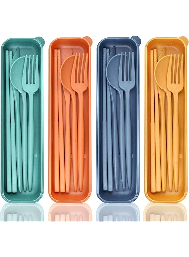 SWIUKPHE 4 Sets Reusable Travel Utensils with Case Wheat Straw Portable Cutlery Set Chopsticks Knives Fork and Spoon for Lunch Box Accessories Camping Flatware Sets for Daily Use or Outdoor - Image 1