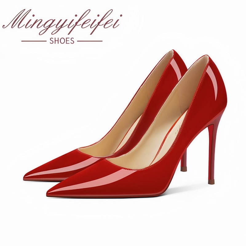 Women's Sheepskin Pointed Toe High Heels 12cm Nude Soft Patent Leather Red Sole Banquet Shoes