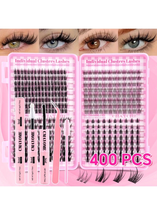 CMAYOME 400pcs False Eyelashes Clusters Kit, 4 Style Volume Cluster Lashes Extensions Kit, 9-16mm C Curl Wispy Individual, DIY Eyelash Extension with Lash Brush Lash Bond and Seal Tweezers - Image 1