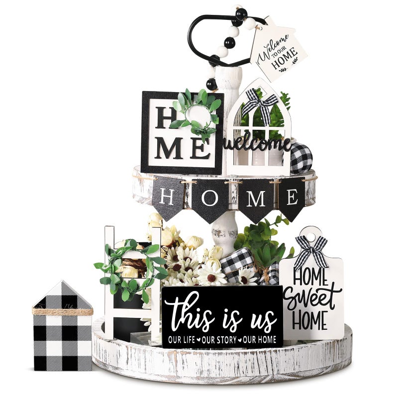 Patelai Patelai Rustic Wood Farmhouse Two Tiered Tray Decor Set with 11 Pcs Wooden Signs Black 