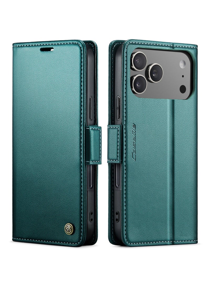 CaseMe Phone Case Luxury PU Leather Design Anti Fingerprint 023 Flip Cover Card Slot Holder Cover For IPhone 17 Pro Max (Green) - Image 1