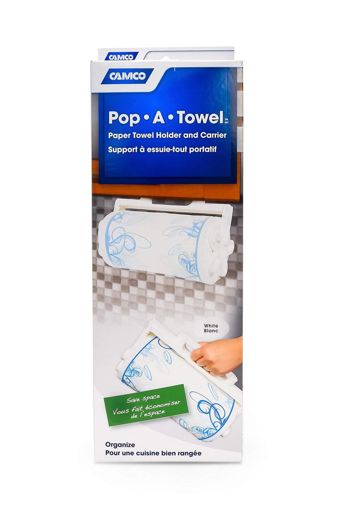 Camco Pop-A-Towel- Mountable or Portable Paper Towel Holder Dispenser, Keep Paper Towels Clean, Conserve Space in Your RV Kitchen (White) (57111) - Image 1