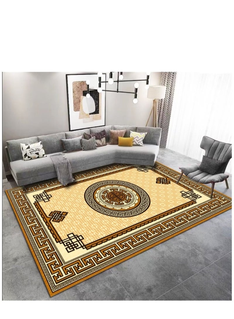 Washable Carpet, Modern Non-Slip Area Rugs with Print Boho, Home Decor Thin Vintage Floor Carpet Indoor Mat Floral Print Rugs for Living Room Bedroom Dining Room Office (Gold 160*220cm) ﻿ - Image 1
