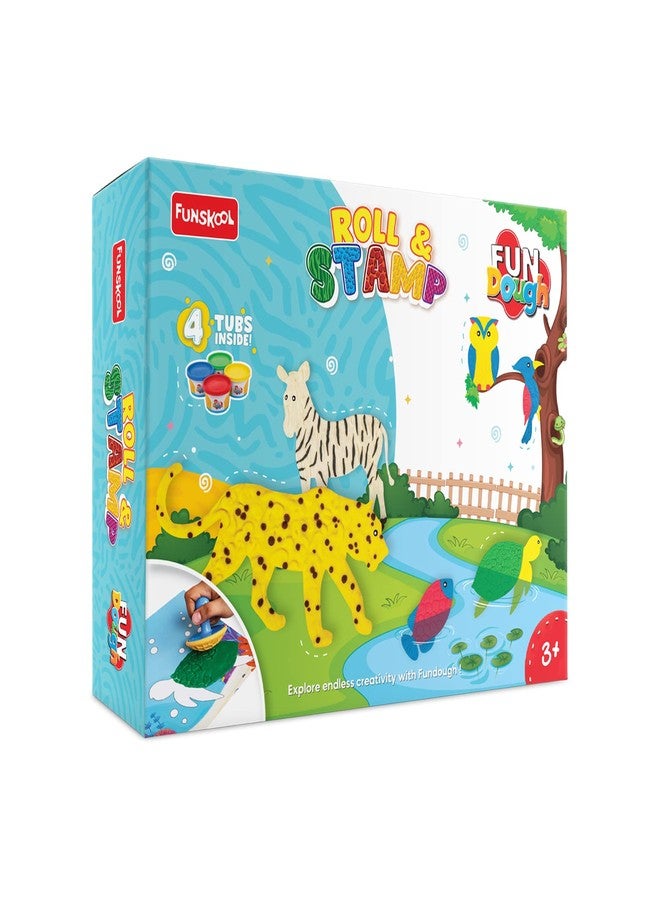 Funskool Fundough Playset Roll and Stamp, Create Textures and Patterns on Dough, 4 tubs of Dough, Toys for Kids, Shaping, Sculpting, 3 Years and Above, Multicolour