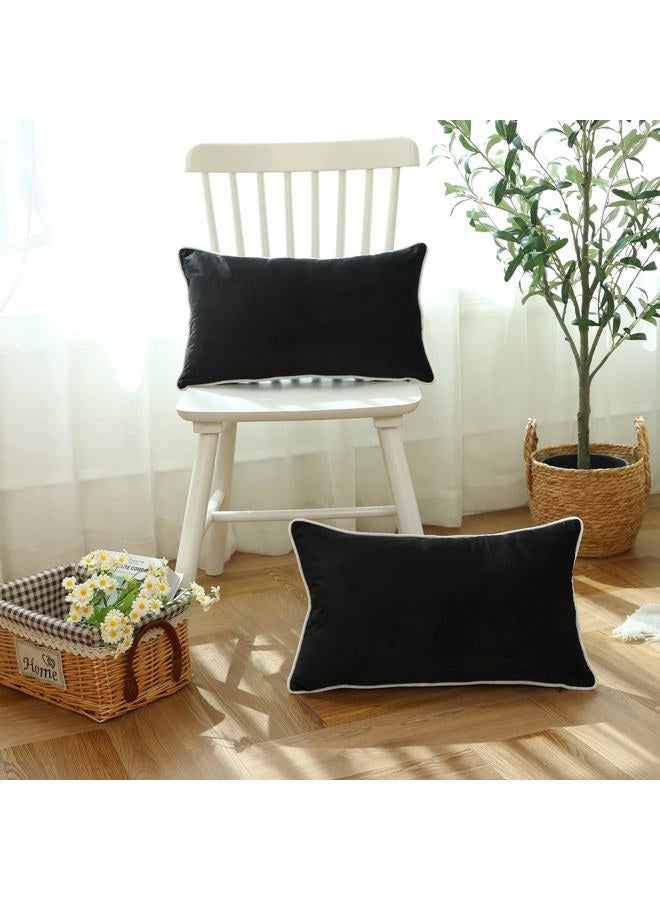 LIGICKY Set of 2 Black Velvet Lumbar Pillow Covers Modern Minimalist Style Solid Decorative White Rope Edging Soft Rectangle Cushion Cases for Sofa Bedroom Party Décor, 12 x 20 inch - Image 3