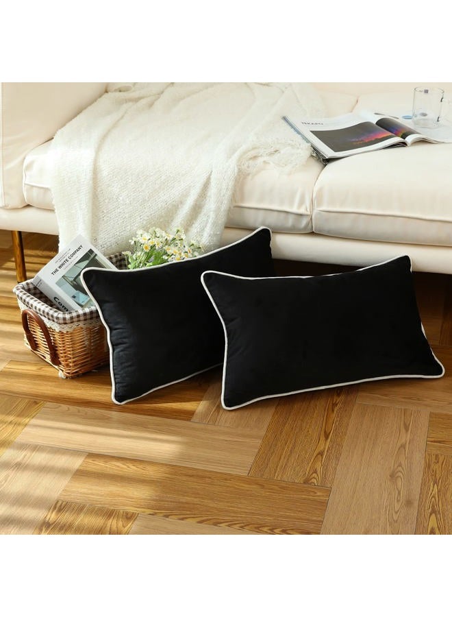 LIGICKY Set of 2 Black Velvet Lumbar Pillow Covers Modern Minimalist Style Solid Decorative White Rope Edging Soft Rectangle Cushion Cases for Sofa Bedroom Party Décor, 12 x 20 inch - Image 2