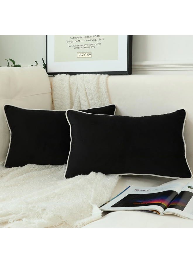 LIGICKY Set of 2 Black Velvet Lumbar Pillow Covers Modern Minimalist Style Solid Decorative White Rope Edging Soft Rectangle Cushion Cases for Sofa Bedroom Party Décor, 12 x 20 inch - Image 1