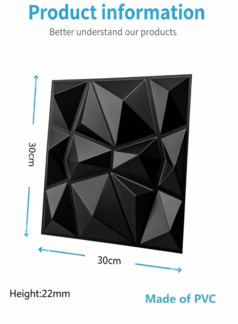 AiheArron 16Pack 3D Wall Panels, 30x30cm PVC Waterproof Wall Panel Diamond Textured Modern Decor Wall Tiles Accent Wall Panels for Living Room Bedroom Hotel Office(Black) - Image 2