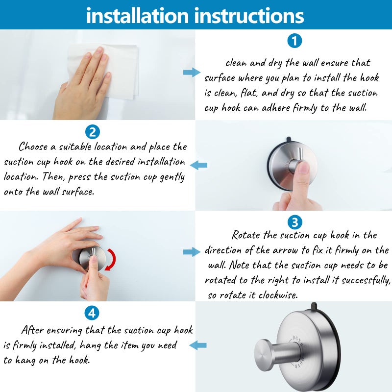 DGYB Suction Cup Hooks Set of 4 Brushed Nickel Towel Hooks for Bathrooms Waterproof Stainless Shower Hooks for Inside Shower 15 Lb Bathroom Hooks for Towels - Image 5