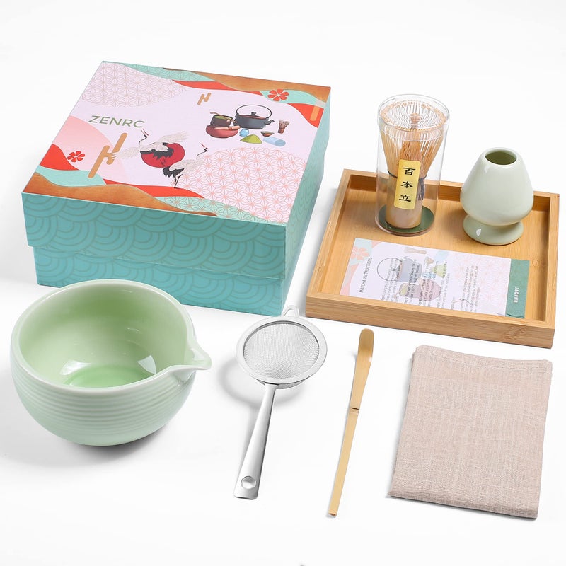 ZENRC Ceremony Matcha Kit  Handmade Bamboo Matcha Whisk Chasen Scoop Chashaku Spouted Chawan Bowl Whisk Holder Sifter Bamboo Tea Tray Towel The Perfect Matcha Set Apple Green Set of 7
