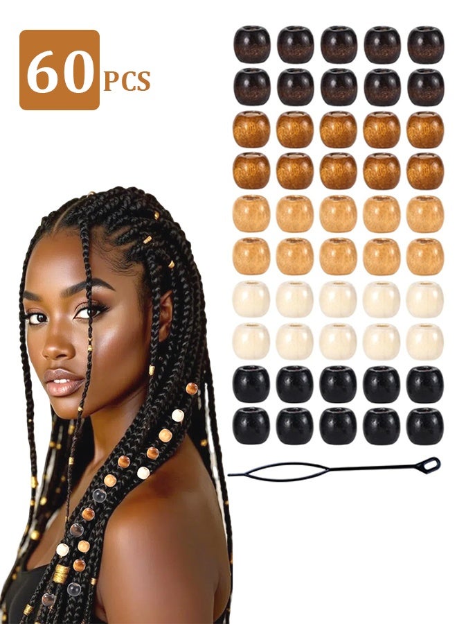 60PCS Large Hole Natural Wood Hair Beads, Multi Shape Mixed Dreadlock Beads Loc Hair Accessories for Braids Dread Hair Decoration for Women/Men - Image 1