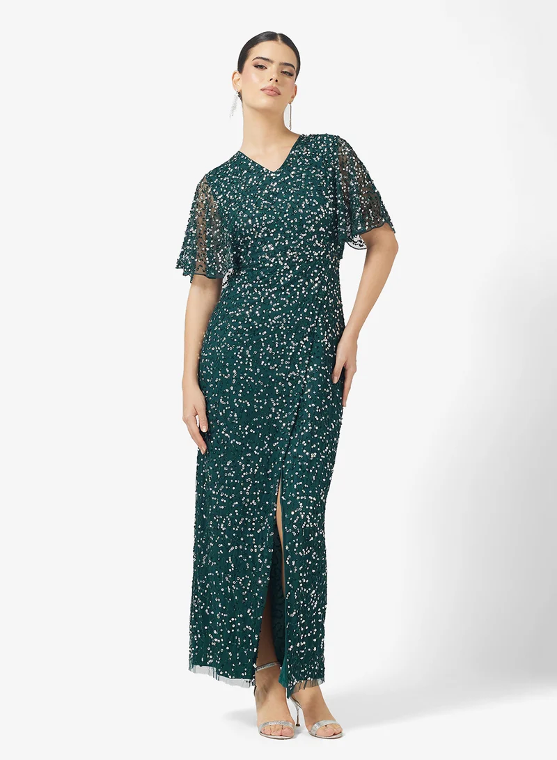 اميليا روز V-Neck Flared Sleeve Embellished Maxi Dress