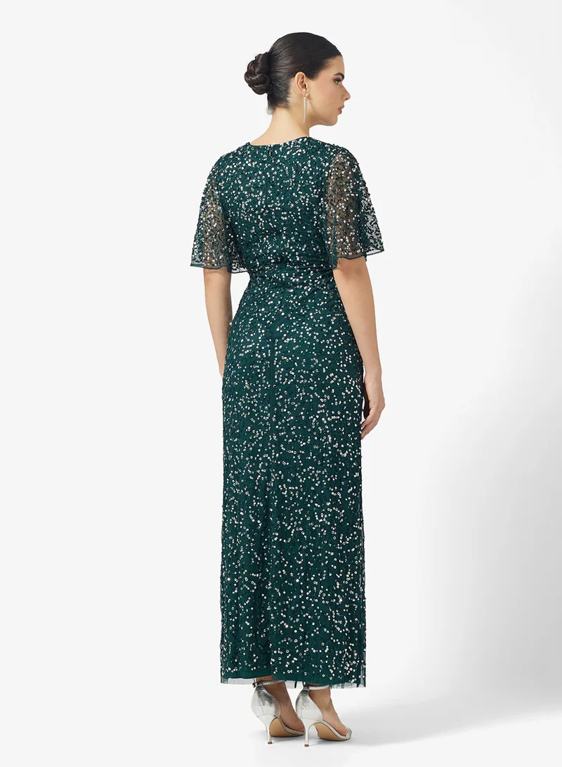 اميليا روز V-Neck Flared Sleeve Embellished Maxi Dress