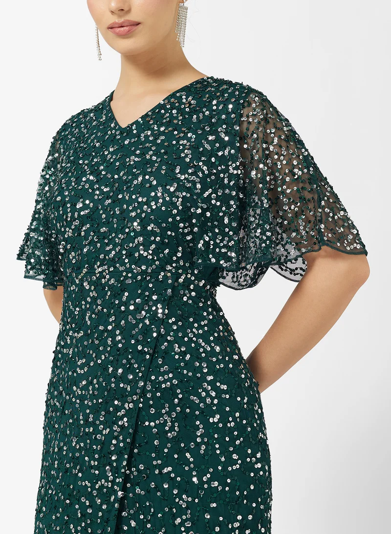 Amelia Rose V-Neck Flared Sleeve Embellished Maxi Dress
