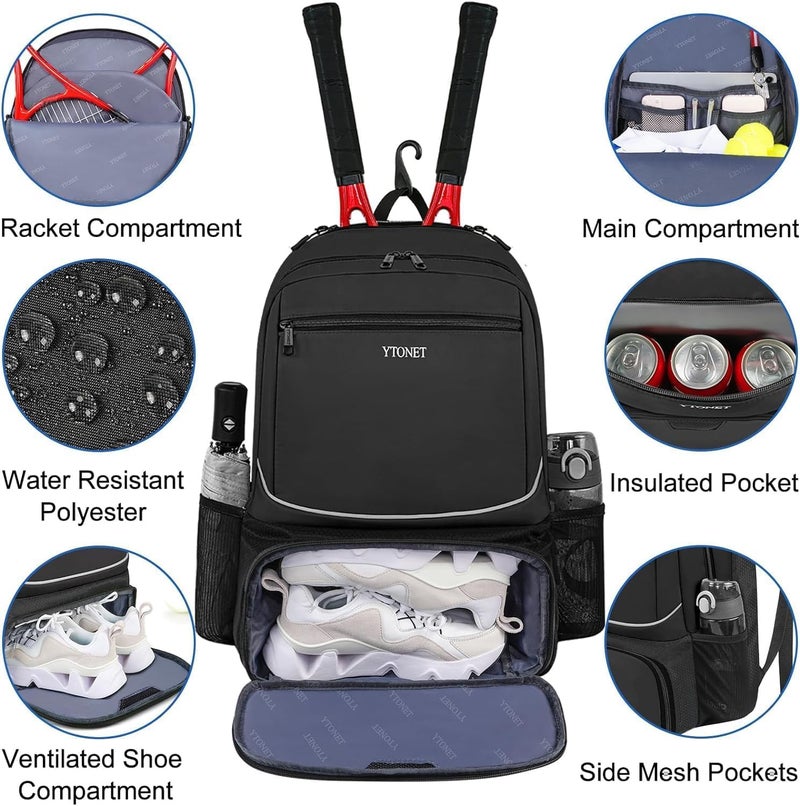 Ytonet Tennis Bag Tennis Backpack for Women Men 2 Rackets with Insulated Pocket Ventilated Shoe Compartment - Image 5