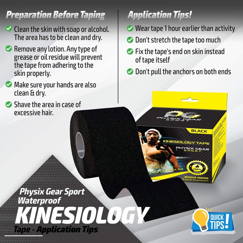 Physix Gear Sport Physix Gear Cotton Kinesiology Tape Roll 16ft, Latex-Free Athletic Tape for Muscles/Joints, Waterproof Kinesiolgy, Stretchy Kinesiologytape, Gentle on Skin Kiniseaology Tape, Black (1 Pack), 5m - Image 2