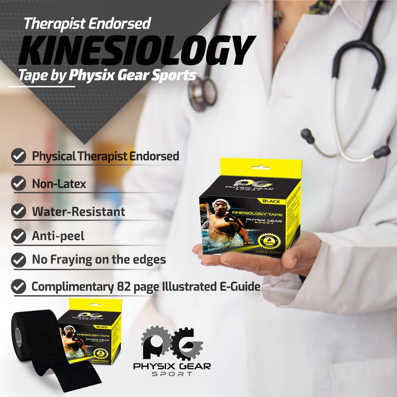 Physix Gear Sport Physix Gear Cotton Kinesiology Tape Roll 16ft, Latex-Free Athletic Tape for Muscles/Joints, Waterproof Kinesiolgy, Stretchy Kinesiologytape, Gentle on Skin Kiniseaology Tape, Black (1 Pack), 5m - Image 3