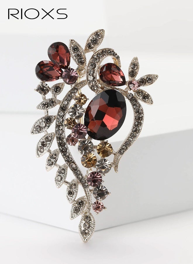 RIOXS Crystal Flower Brooches Pins, Dainty Baroque Rhinestone Floral Pin for Women, Girls, Good Idea for Party Dance Wedding Banquet for Mom, Wife, Girlfriend - Image 1