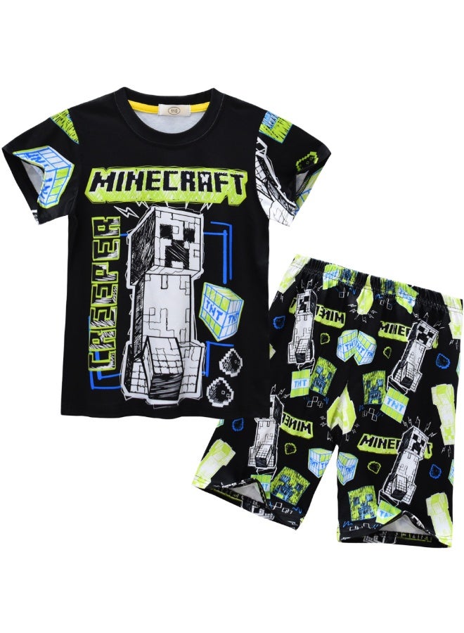 عام طباعة كارتون ماين كرافت ، بدلة أطفال كبيرة بأكمام قصيرة + بنطلون ، هدية للعائلة والأصدقاء - Image 1