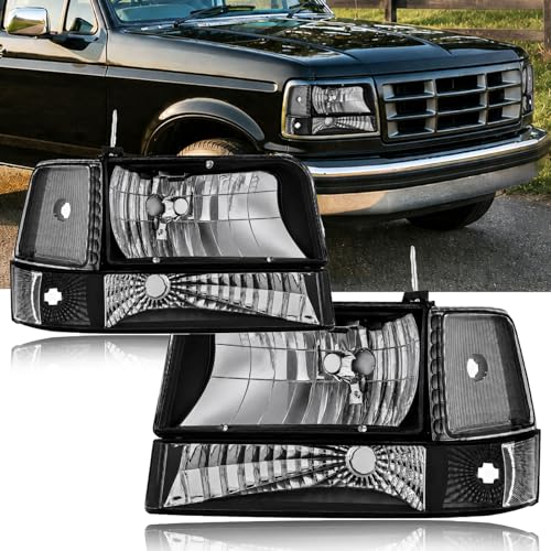 Fullux Headlights Compatible with 1992-1996 Ford F150 F250 F350 &1992-1996 Ford Bronco Replacements Headlamp Clear Reflector Black Housing - Image 1