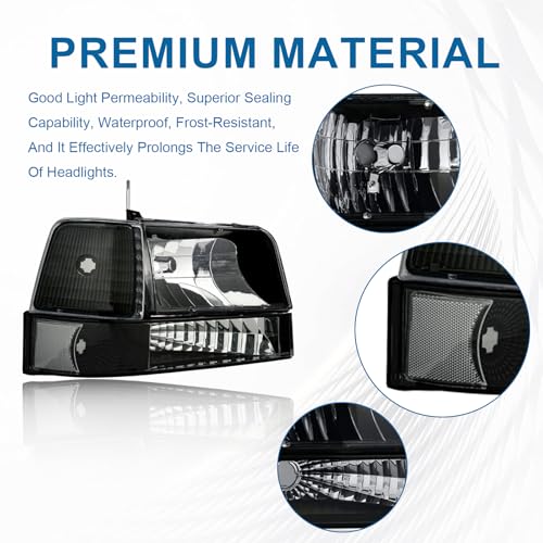 Fullux Headlights Compatible with 1992-1996 Ford F150 F250 F350 &1992-1996 Ford Bronco Replacements Headlamp Clear Reflector Black Housing - Image 2
