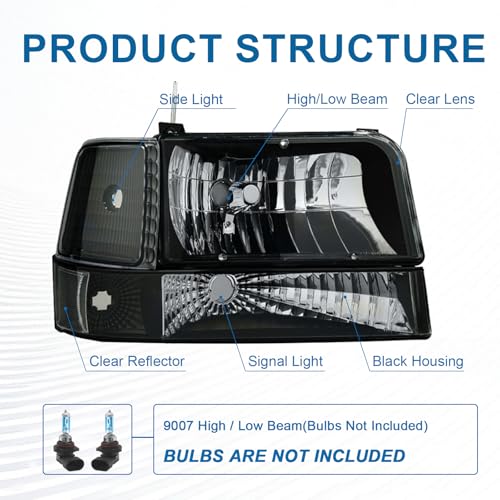 Fullux Headlights Compatible with 1992-1996 Ford F150 F250 F350 &1992-1996 Ford Bronco Replacements Headlamp Clear Reflector Black Housing - Image 3