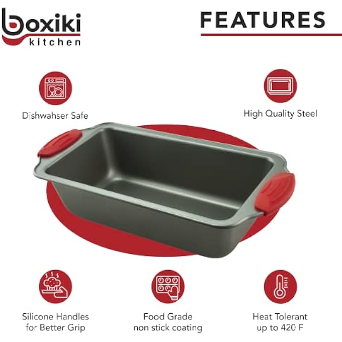 Boxiki Kitchen صينية الخبز للخبز مقلاة رغيف قسط مصنوعة من صينية خبز احترافية من الصلب غير اللاصق مع مقابض سيليكون فولاذية غير لاصقة - Image 4