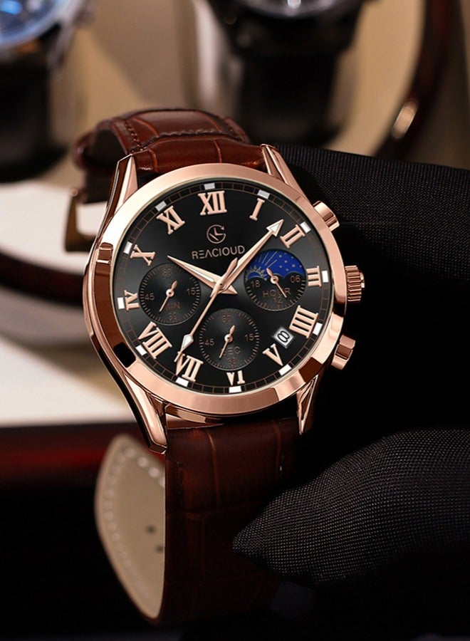 REACLOUD ساعة رجالية ساعة جلدية ساعة أنالوج كوارتز فاخرة ساعة كرونوغراف مع تاريخ ساعة رسمية مقاومة للماء مضيئة ساعة رجالية - Image 3