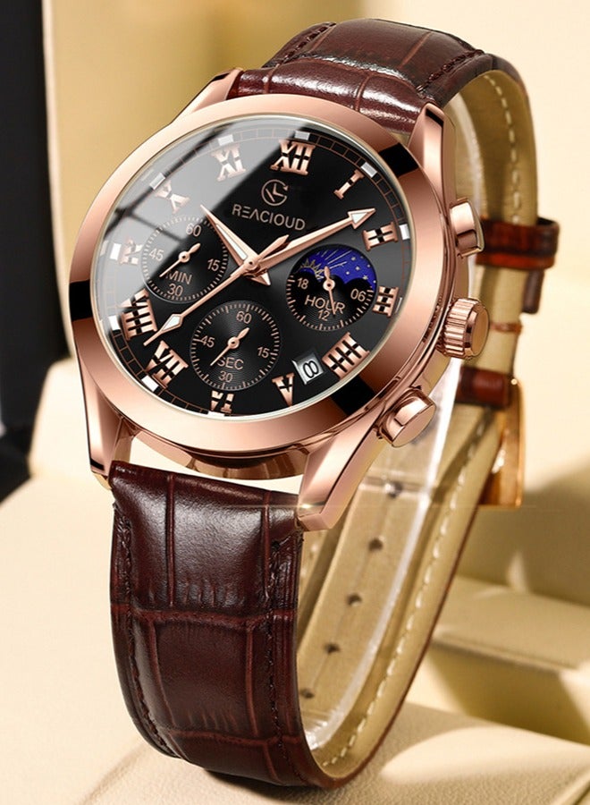 REACLOUD ساعة رجالية ساعة جلدية ساعة أنالوج كوارتز فاخرة ساعة كرونوغراف مع تاريخ ساعة رسمية مقاومة للماء مضيئة ساعة رجالية - Image 1