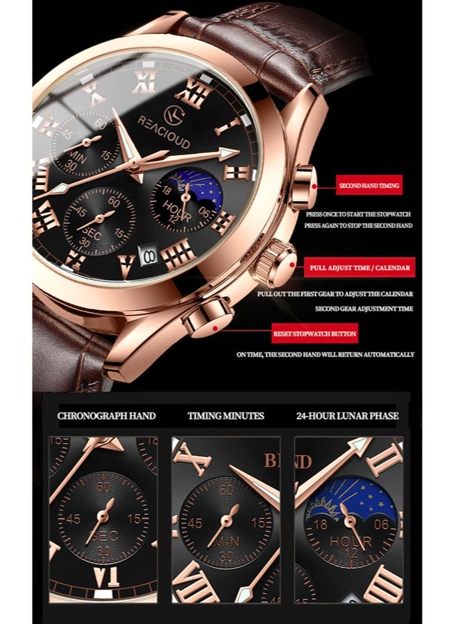 REACLOUD ساعة رجالية ساعة جلدية ساعة أنالوج كوارتز فاخرة ساعة كرونوغراف مع تاريخ ساعة رسمية مقاومة للماء مضيئة ساعة رجالية - Image 4