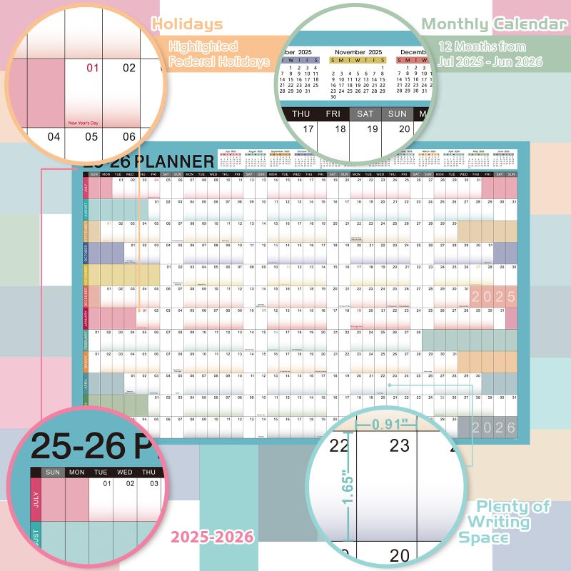 MaaIbok تقويم حائط سنوي 2025-2026 - تقويم حائط سنوي 2025-2026، يوليو 2025 - يونيو 2026، 23.1" × 34.6" (مفتوح)، تقويم حائط بتواريخ يوليانية، ورق سميك، ملصقات دائرية مزدوجة الجوانب، تقويم كبير - Image 3