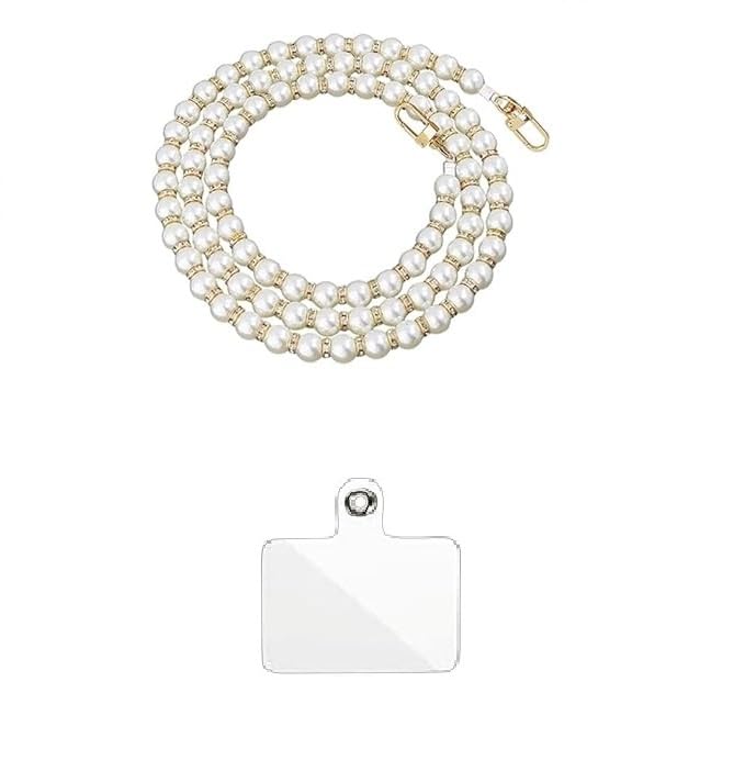 KHOLAD Phone Silver Chain Crossbody Pearl Strap, Pearl Beaded Chain With Diamond Ring, Shoulder Crossbody Lanyard With Phone Tether Patches Compatible With Most Phones Bag Purse - Image 1