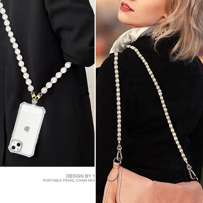 KHOLAD Phone Silver Chain Crossbody Pearl Strap, Pearl Beaded Chain With Diamond Ring, Shoulder Crossbody Lanyard With Phone Tether Patches Compatible With Most Phones Bag Purse - Image 5