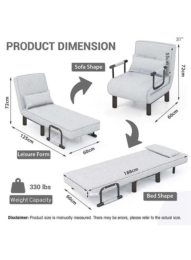 MLADEN 3-in-1 Convertible Sofa Bed, Folding Sleeper Chair with 5-Position Adjustable Backrest, Wheels, 2 Legs, Recliner Chaise Lounge, Armchairs Foldable Lounge Couch, Upholstered Lazy Bed for Nursery Living Room Office (Grey) - Image 2