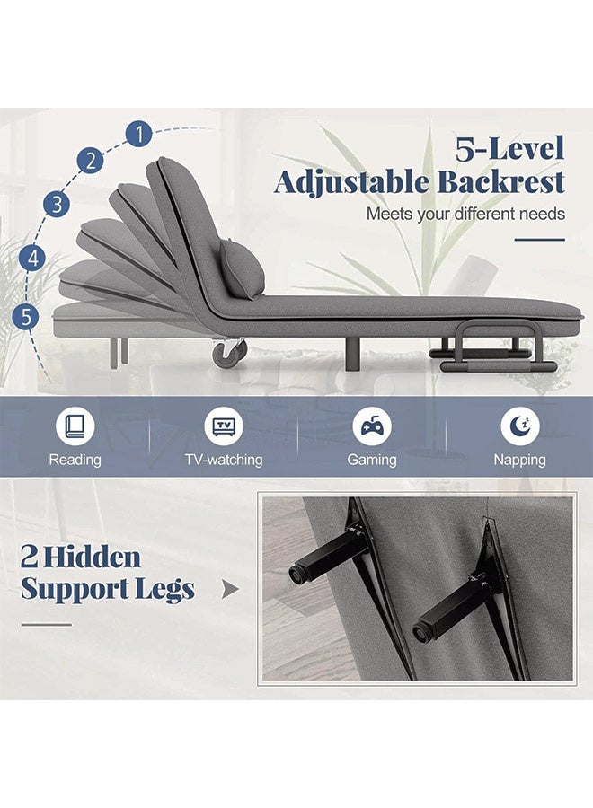 MLADEN 3-in-1 Convertible Sofa Bed, Folding Sleeper Chair with 5-Position Adjustable Backrest, Wheels, 2 Legs, Recliner Chaise Lounge, Armchairs Foldable Lounge Couch, Upholstered Lazy Bed for Nursery Living Room Office (Grey) - Image 4
