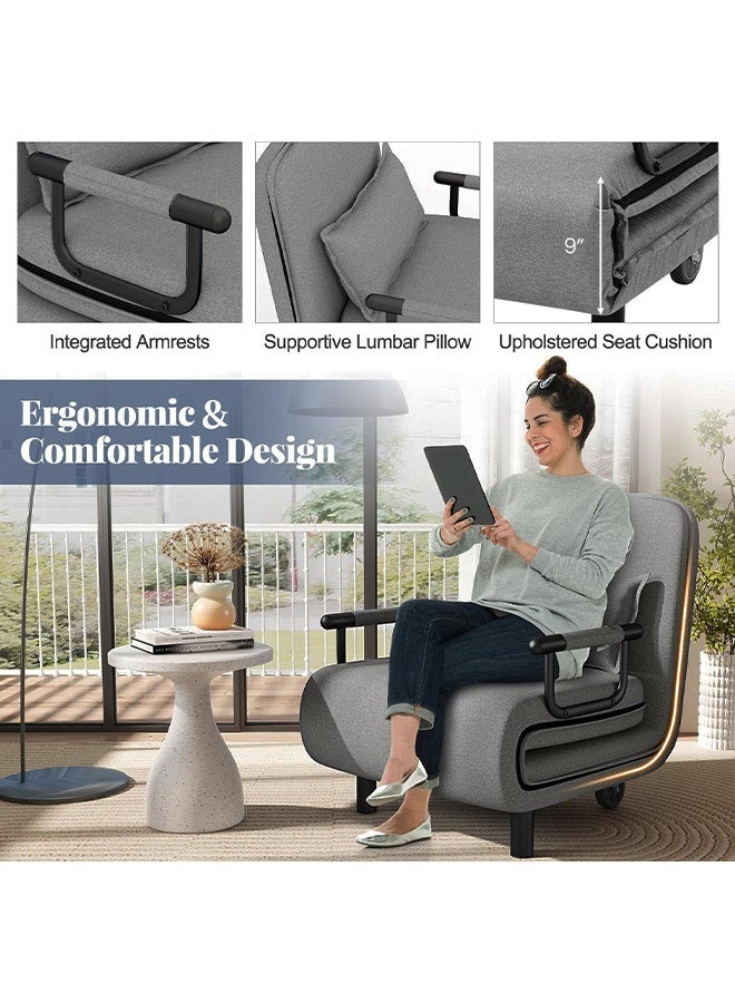 MLADEN 3-in-1 Convertible Sofa Bed, Folding Sleeper Chair with 5-Position Adjustable Backrest, Wheels, 2 Legs, Recliner Chaise Lounge, Armchairs Foldable Lounge Couch, Upholstered Lazy Bed for Nursery Living Room Office (Grey) - Image 5