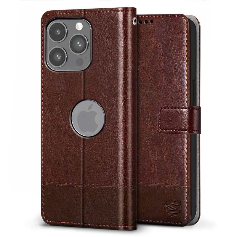 FLIPPED Vegan Leather Flip Case Back Cover for Apple iPhone 14 Pro Max (Flexible, Shock Proof | Hand Stitched Leather Finish | Card Pockets Wallet & Stand | Tan with Brown) - Image 3