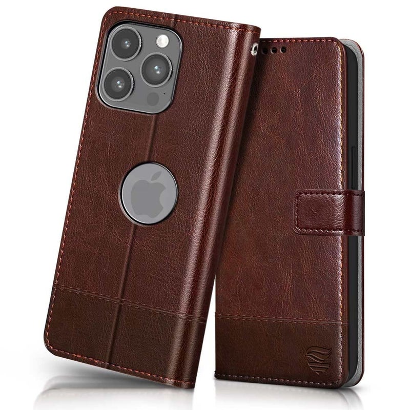 FLIPPED Vegan Leather Flip Case Back Cover for Apple iPhone 14 Pro Max (Flexible, Shock Proof | Hand Stitched Leather Finish | Card Pockets Wallet & Stand | Tan with Brown) - Image 1