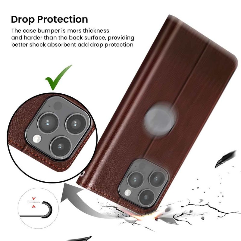 FLIPPED Vegan Leather Flip Case Back Cover for Apple iPhone 14 Pro Max (Flexible, Shock Proof | Hand Stitched Leather Finish | Card Pockets Wallet & Stand | Tan with Brown) - Image 5