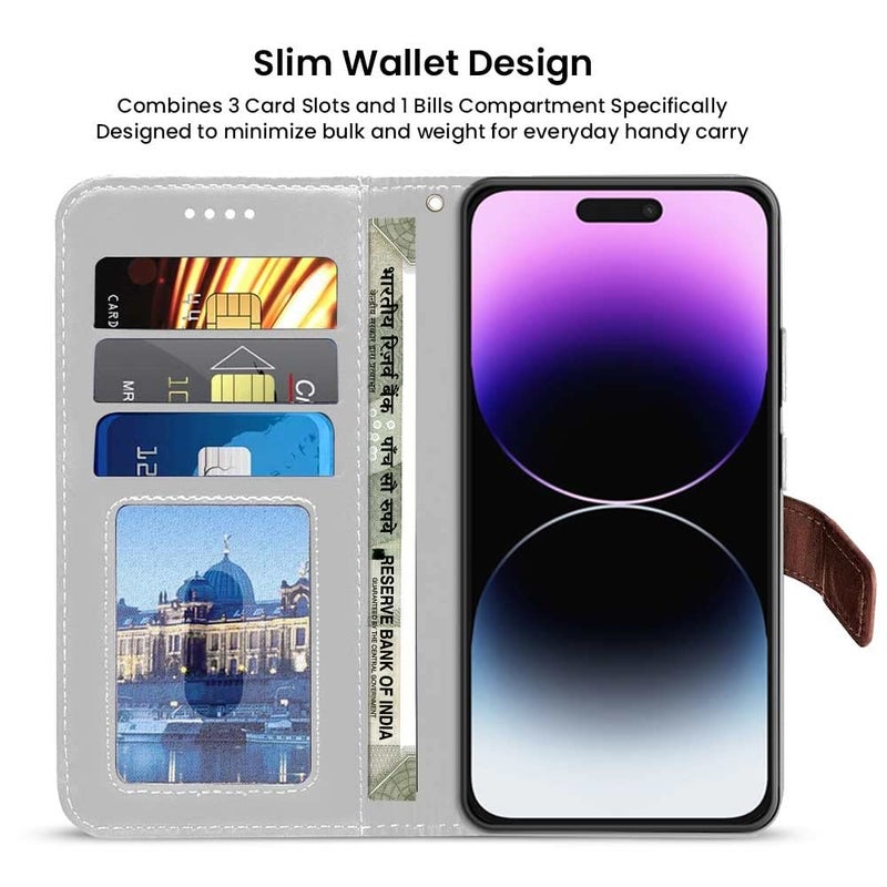 FLIPPED Vegan Leather Flip Case Back Cover for Apple iPhone 14 Pro Max (Flexible, Shock Proof | Hand Stitched Leather Finish | Card Pockets Wallet & Stand | Tan with Brown) - Image 4