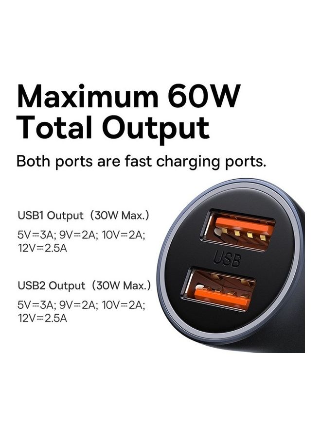 بيسوس شاحن سيارة بقدرة 60 وات بمنفذي USB-A بقدرة قصوى 30 وات لكل منفذ وشحن فائق السرعة مع عدة أنظمة حماية ومؤشر LED ضوئي حلقي، متوافق مع الهواتف الذكية والتابلت وأجهزة الألعاب والكاميرات رمادي - Image 3
