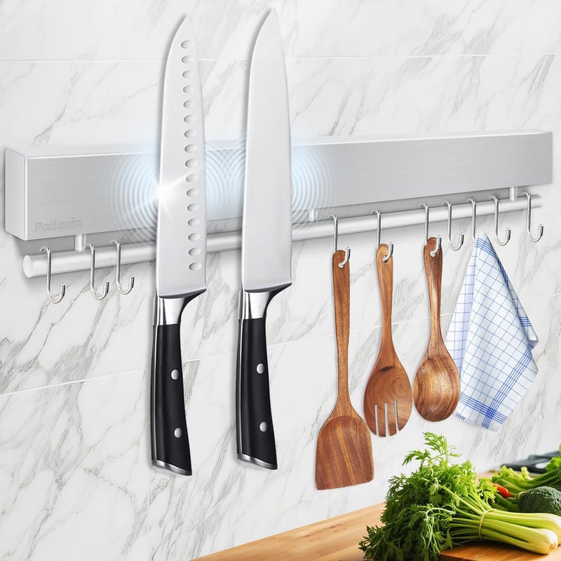 Pailexin 17 Inch Magnetic Knife Holder for Wall Stainless Steel Knife Magnetic Strip No Drill with 10 HooksAdhesive TapeScrews Kitchen Utensil Holder Magnetic Knife Organizer Wall Mounted Knife Storage - Image 2