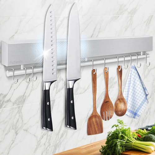 Pailexin 17 Inch Magnetic Knife Holder for Wall Stainless Steel Knife Magnetic Strip No Drill with 10 HooksAdhesive TapeScrews Kitchen Utensil Holder Magnetic Knife Organizer Wall Mounted Knife Storage - Image 1