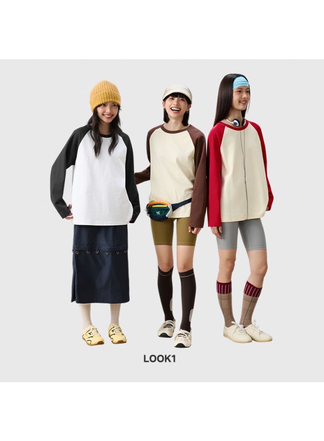 Pure Cotton Raglan Colorblock Long Sleeve T-shirt Women  Autumn New Student Vintage Colorblock Top
