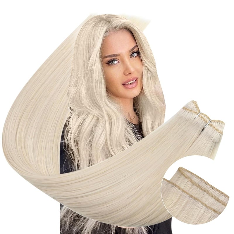 Ugeat Blonde Weft Hair Extensions Human Hair 24 inch Remy Real Hair Sew in Extensions Platinum Blonde Long Hair Extensions Weft For Women 105G