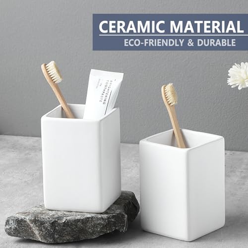 BSDISP Toothbrush Holders for Bathrooms - 2 Cups Ceramic Square Toothbrush Toothpaste Holders Set, White Square Bathroom Tumbler Cups Reusable Toothbrush Mouthwash Cup, Bathroom Counter Organizer. - Image 4