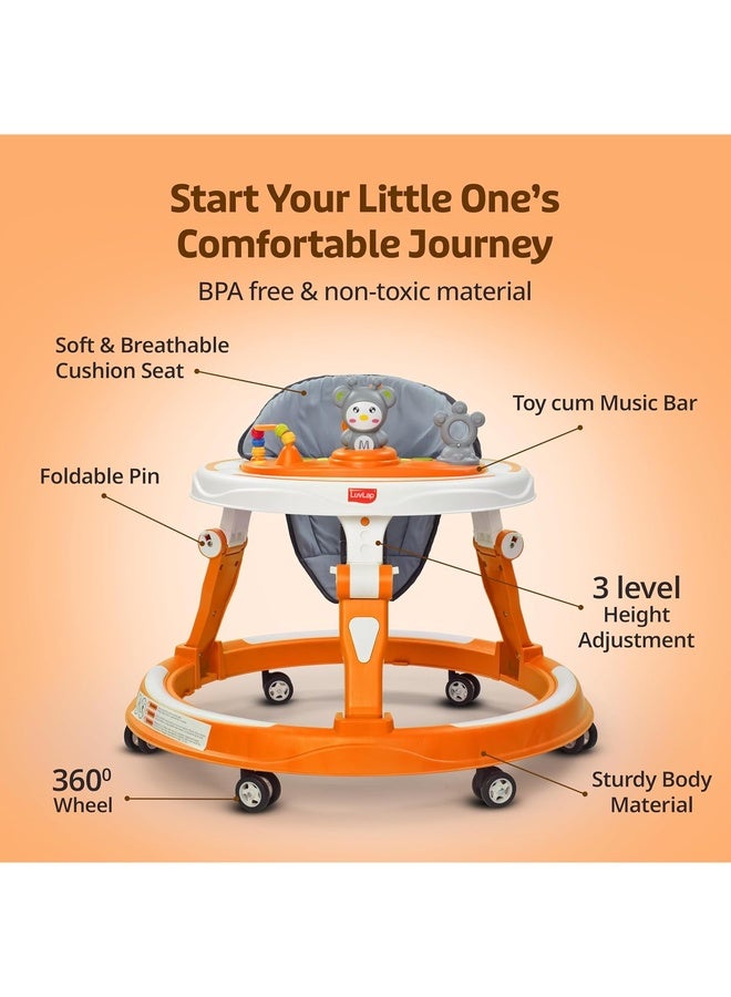 Luvlap 360° Joy Baby Walkers for 6-18 Months | 3 Level Height Adjustment Walker with Switchable Food & Musical Toy Tray/Advanced Baby Activity Walker for Kids, Walker for Boys & Girls, Orange - Image 2
